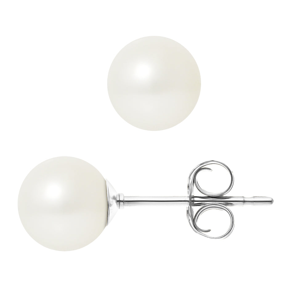 PERLINEA - Boucles d'Oreilles - Perles de Culture d'Eau Douce Ronde 7-8 mm Blanc