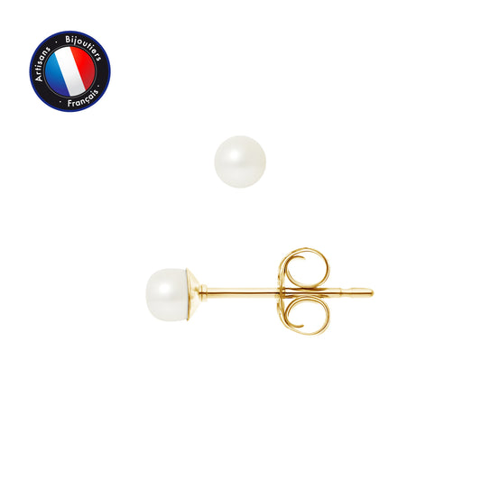 PERLINEA - Boucles d'Oreilles - Perle de Culture d'Eau Douce - Bouton 3-4 mm Blanc - Or Jaune