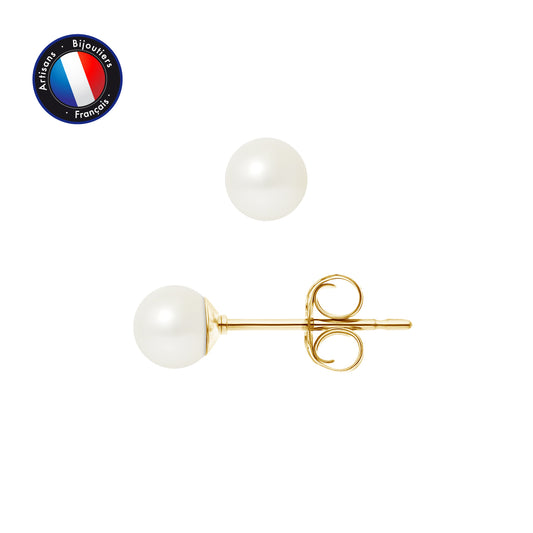 PERLINEA - Boucles d'Oreilles - Perles de Culture d'Eau Douce Ronde 5-6 mm Blanc - Or Jaune