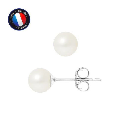 PERLINEA - Boucles d'Oreilles - Perles de Culture d'Eau Douce Ronde 6-7 mm Blanc - Or Blanc