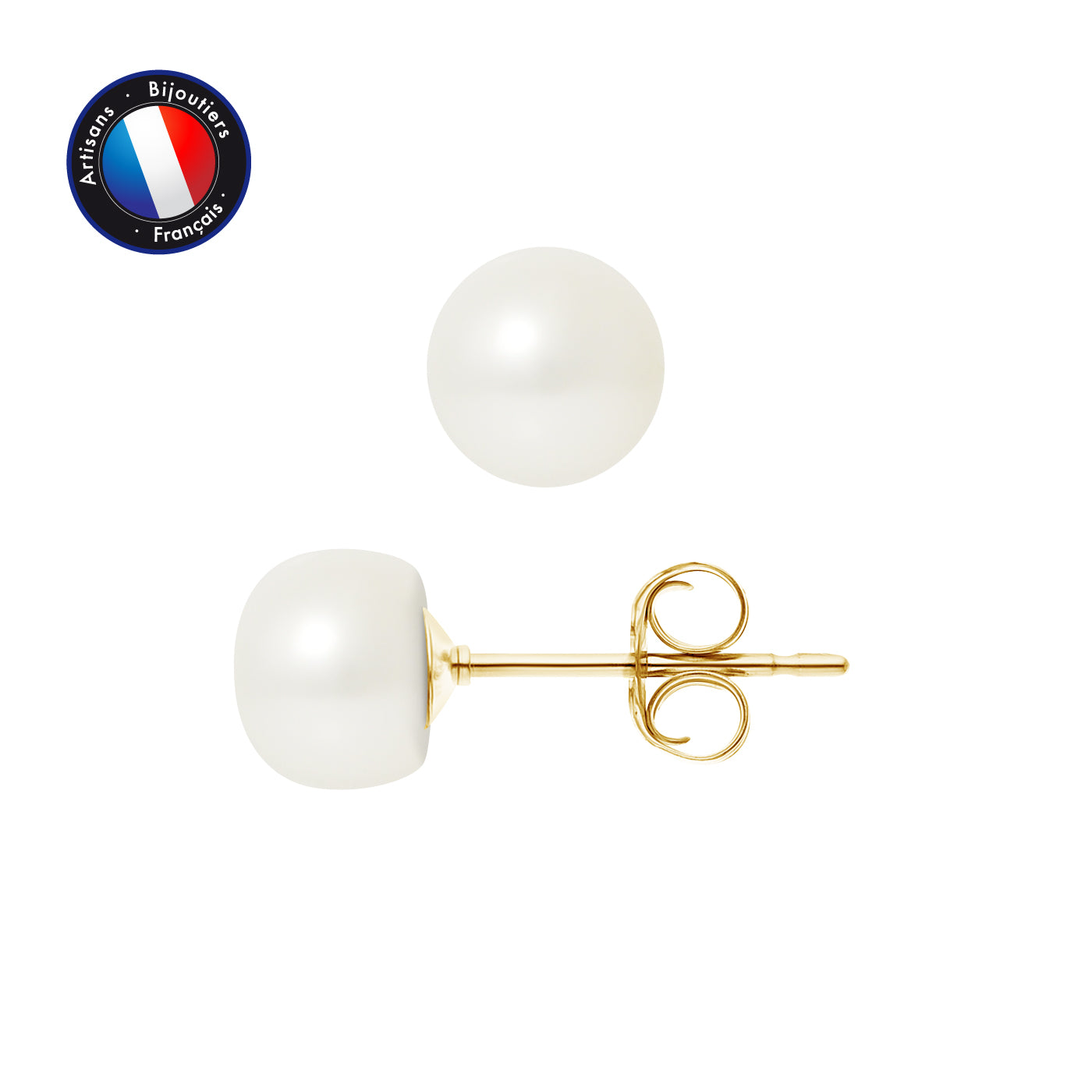 PERLINEA - Boucles d'Oreilles - Perles de Culture d'Eau Douce Bouton 7-8 mm Blanc - Or Jaune