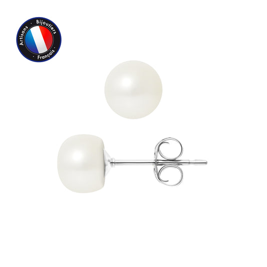 PERLINEA - Boucles d'Oreilles - Perles de Culture d'Eau Douce Bouton 7-8 mm Blanc- Or Blanc