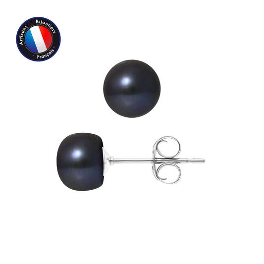 PERLINEA - Boucles d'Oreilles - Perles de Culture d'Eau Douce Bouton 7-8 mm Black Tahiti - Or Blanc