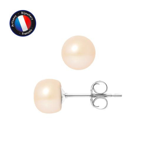 PERLINEA - Boucles d'Oreilles - Perles de Culture d'Eau Douce Bouton 7-8 mm Rose - Or Blanc