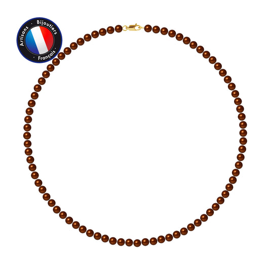 PERLINEA - Collier - Perles de Culture d'Eau Douce Ronde 5-6 mm Chocolat - Or Jaune