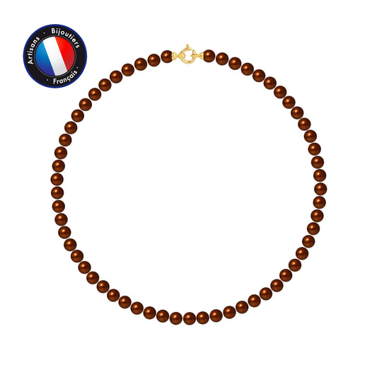 PERLINEA - Collier - Perles de Culture d'Eau Douce Ronde 6-7 mm Chocolat - Or Jaune