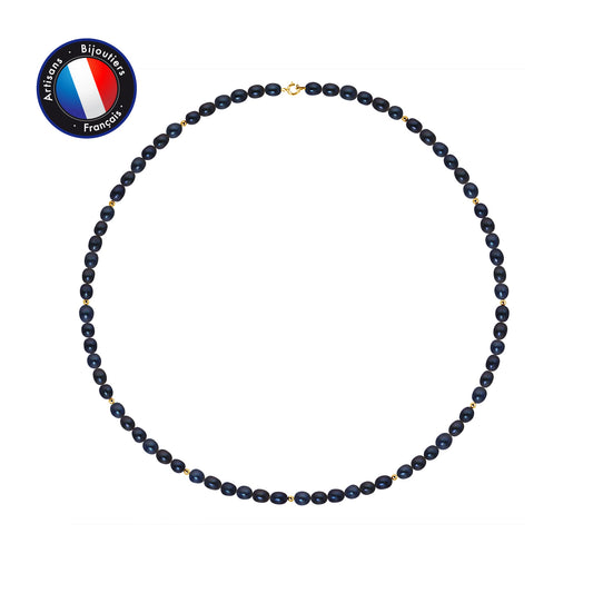 PERLINEA - Collier - Perles de Culture d'Eau Douce Riz 4-5 mm Black Tahiti - Or Jaune