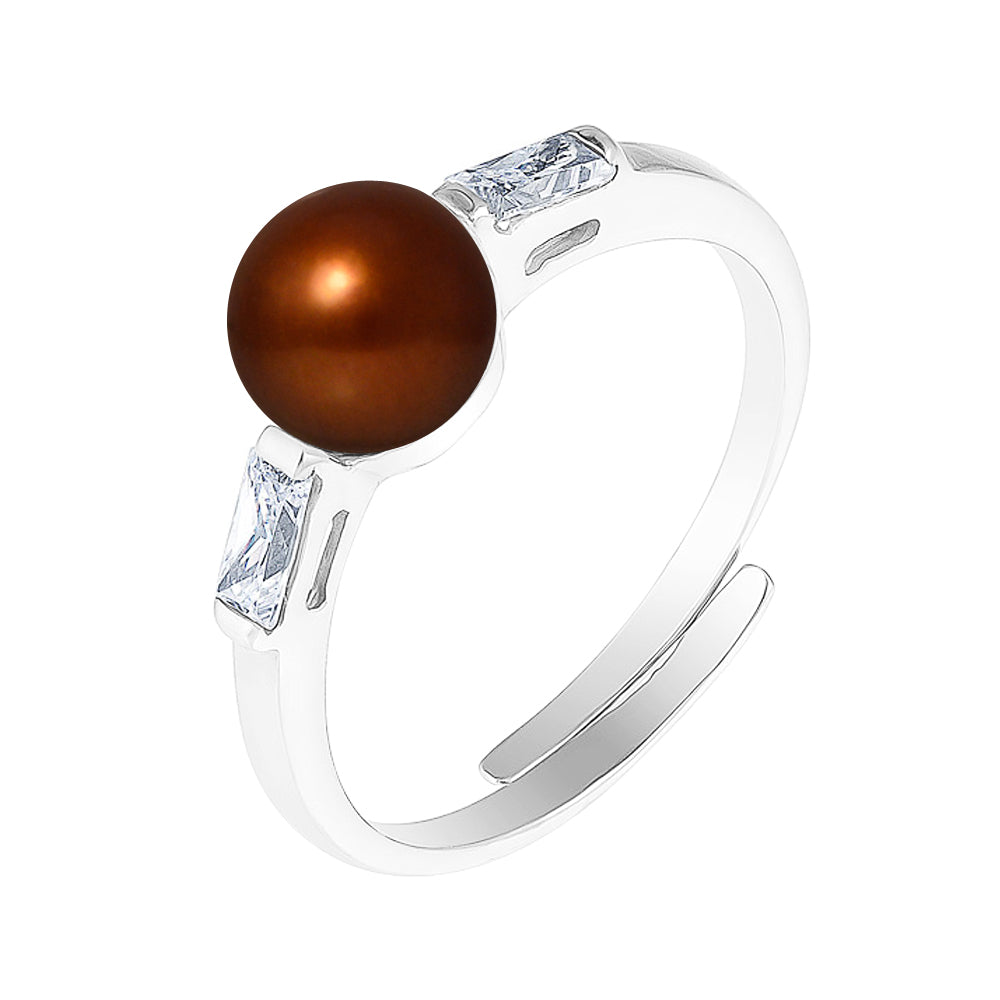 PERLINEA - Bague - Perle de Culture d'Eau douce - Bouton Diamètre 6-7 mm Chocolat - Taille Réglable - Argent 925 Millièmes