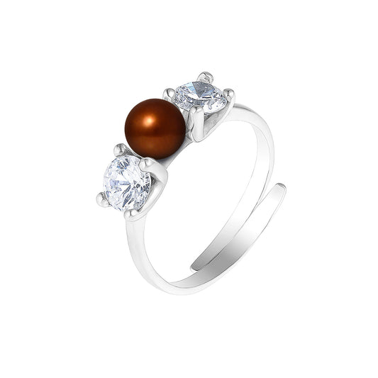 PERLINEA - Bague - Perle de Culture d'Eau douce - Bouton Diamètre 5-6 mm Chocolat - Taille Réglable - Argent 925 Millièmes