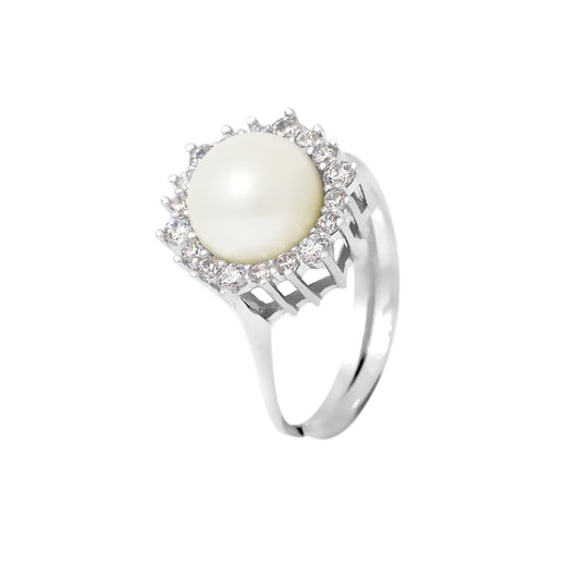 PERLINEA - Bague - Perle de Culture d'Eau douce - Bouton Diamètre 8-9 mm Blanc - Taille Réglable - Argent 925 Millièmes