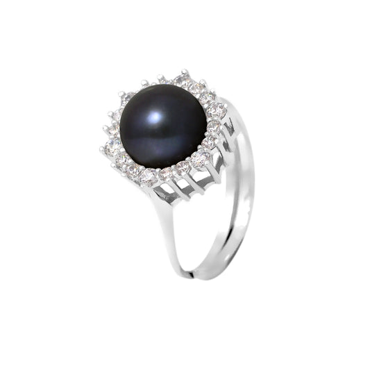 PERLINEA - Bague - Perle de Culture d'Eau douce - Bouton Diamètre 8-9 mm Black Tahiti - Taille Réglable - Argent 925 Millièmes