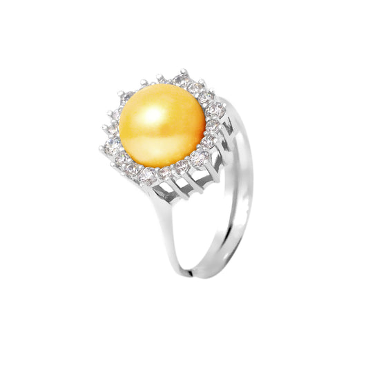 PERLINEA - Bague - Perles de Culture d'Eau douce - Bouton Diamètre 8-9 mm Gold - Taille Réglable - Argent 925 Millièmes