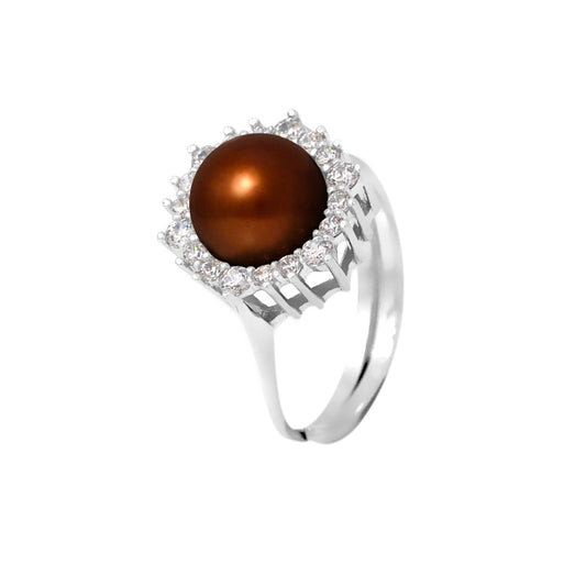 PERLINEA - Bague - Perle de Culture d'Eau douce - Bouton Diamètre 8-9 mm Chocolat - Taille Réglable - Argent 925 Millièmes