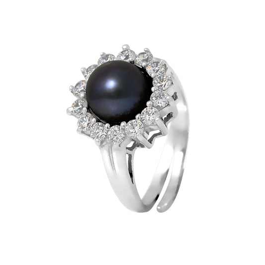 PERLINEA - Bague - Perle de Culture d'Eau douce - Bouton Diamètre 9-10 mm Black Tahiti - Taille Réglable - Argent 925 Millièmes