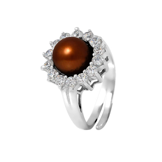 PERLINEA - Bague - Perle de Culture d'Eau douce - Bouton Diamètre 9-10 mm Chocolat - Taille Réglable - Argent 925 Millièmes