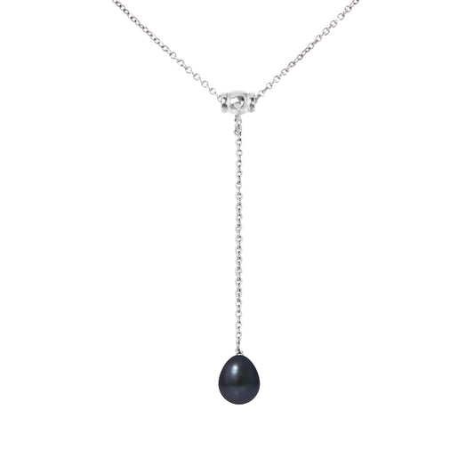 PERLINEA - Collier Cravate - Perle de Culture d'Eau Douce - Diamètre 9-10 mm Black Tahiti - Argent 925 Millièmes