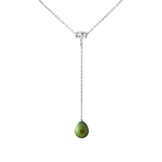 PERLINEA - Collier Cravate - Perle de Culture d'Eau Douce - Diamètre 9-10 mm Vert Intense - Argent 925 Millièmes