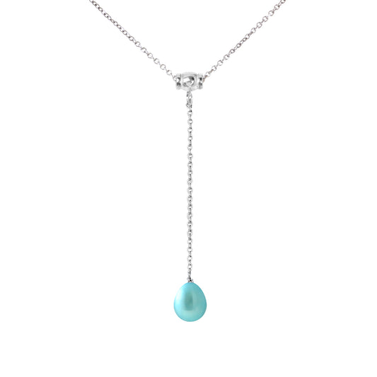 PERLINEA - Collier Cravate - Perle de Culture d'Eau Douce - Diamètre 9-10 mm Bleu Turquoise - Argent 925 Millièmes