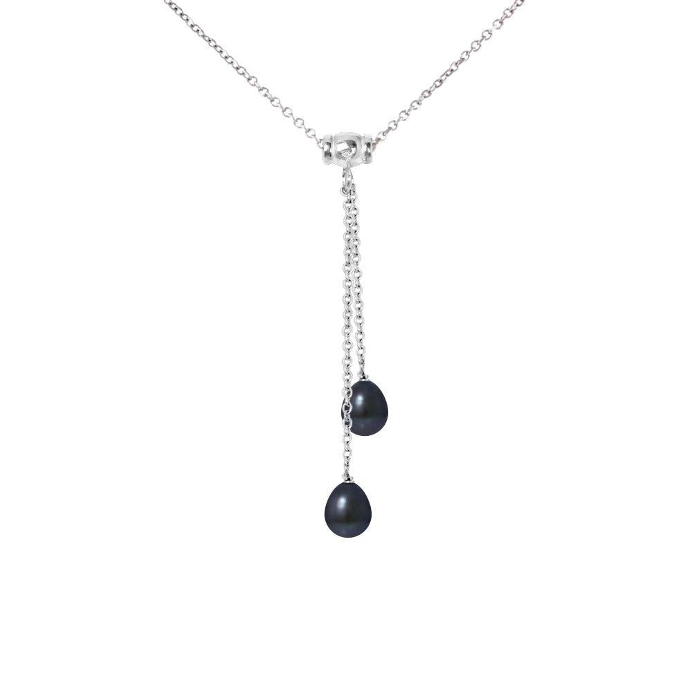 PERLINEA - Collier Toi & Moi 2 Perles de Culture d'Eau Douce - Diamètre 7-8 mm Black Tahiti - Argent 925 Millièmes