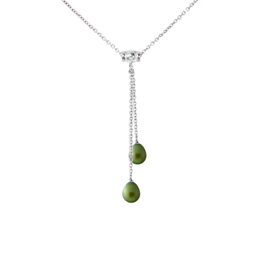 PERLINEA - Collier Toi & Moi 2 Perles de Culture d'Eau Douce - Diamètre 7-8 mm Vert Intense - Argent 925 Millièmes