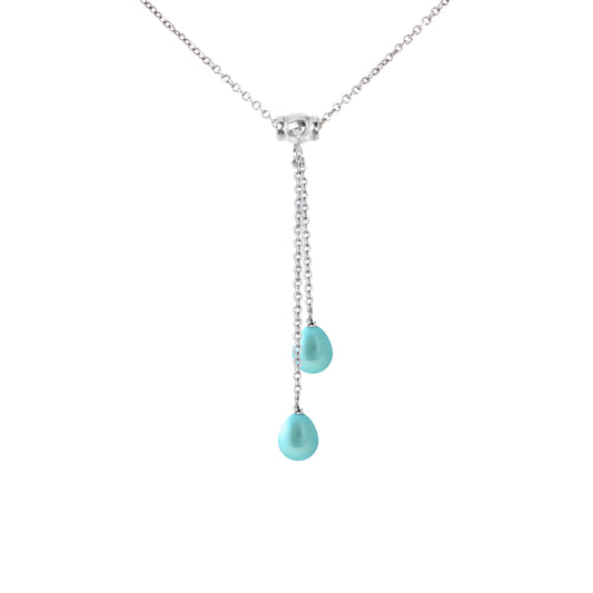 PERLINEA - Collier Toi & Moi 2 Perles de Culture d'Eau Douce - Diamètre 7-8 mm Bleu Turquoise - Argent 925 Millièmes