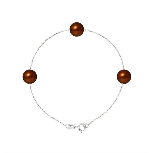 PERLINEA - Bracelet 3 Perles de Culture d'Eau Douce - Diamètre 7-8 mm Chocolat - Argent 925 Millièmes