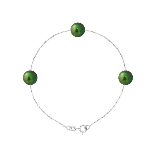 PERLINEA - Bracelet 3 Perles de Culture d'Eau Douce - Diamètre 7-8 mm Vert Intense - Argent 925 Millièmes