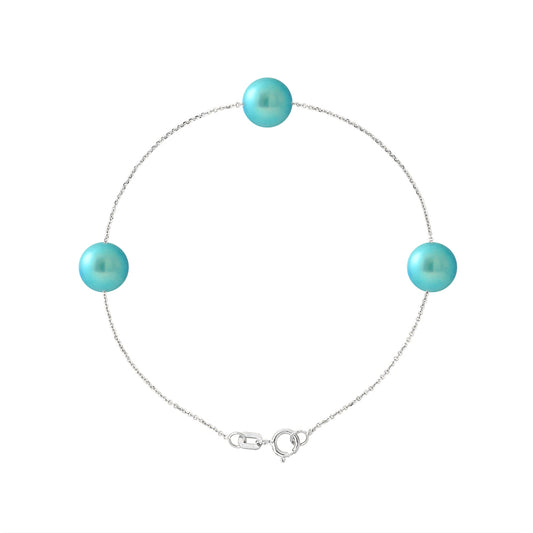 PERLINEA - Bracelet 3 Perles de Culture d'Eau Douce - Diamètre 7-8 mm Bleu Turquoise - Argent 925 Millièmes