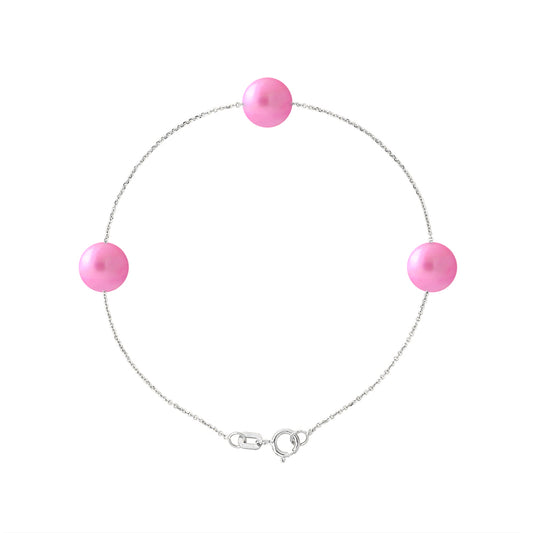 PERLINEA - Bracelet 3 Perles de Culture d'Eau Douce - Diamètre 7-8 mm Rose Fushia - Argent 925 Millièmes