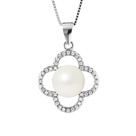 PERLINEA - Collier Trèfle - Perle de Culture d'Eau Douce - Diamètre 9-10 mm Blanc - Argent 925 Millièmes