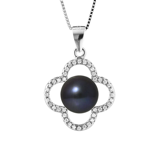 PERLINEA - Collier Trèfle - Perle de Culture d'Eau Douce - Diamètre 9-10 mm Black Tahiti - Argent 925 Millièmes