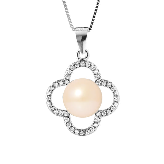 PERLINEA - Collier Trèfle - Perle de Culture d'Eau Douce - Diamètre 9-10 mm - Rose - Argent 925 Millièmes