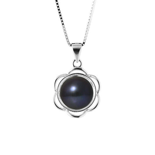 PERLINEA - Collier Fleur - Perle de Culture d'Eau Douce Bouton 8-9 mm Black Tahiti - Argent 925 Millièmes