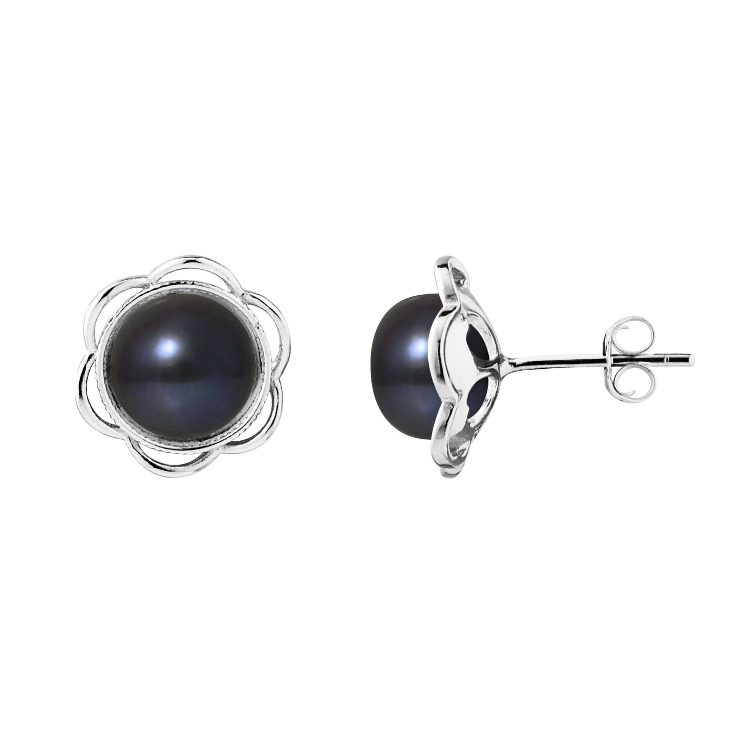 PERLINEA - Boucles d'Oreilles - Fleur Perles de Culture d'Eau Douce Black Tahiti - Argent 925 Millièmes