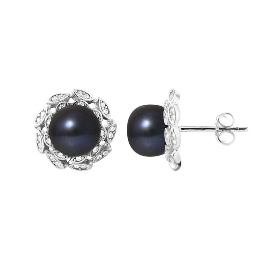 PERLINEA - Boucles d'Oreilles - Corolle Perles de Culture d'Eau Douce  Black Tahiti - Argent 925 Millièmes