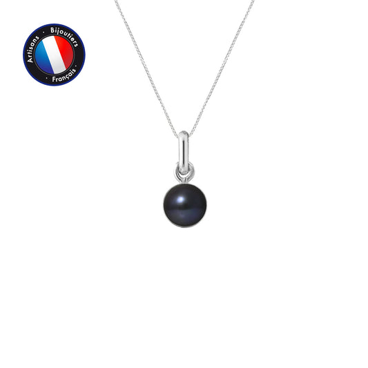 PERLINEA - Pendentif Bélière - Perle de Culture d'Eau Douce- Bouton Diamètre 6-7 mm Black Tahiti - Or Blanc