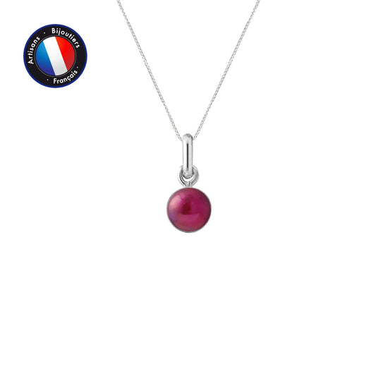 PERLINEA - Pendentif Bélière - Perle de Culture d'Eau Douce - Bouton Diamètre 6-7 mm Rouge Cerise - Or Blanc