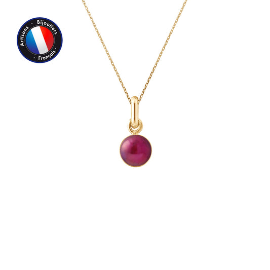 PERLINEA - Pendentif Bélière- Perle de Culture d'Eau Douce- Bouton Diamètre 6-7 mm Rouge Cerise - Or Jaune