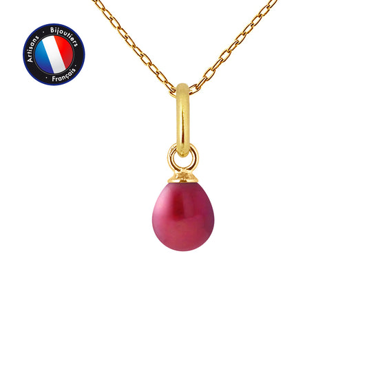 PERLINEA - Pendentif - Perle de Culture d'Eau Douce - Bouton Diamètre 5-6 mm Rouge Cerise - Or Jaune