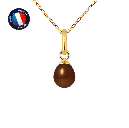 PERLINEA - Pendentif - Perle de Culture d'Eau Douce - Bouton Diamètre 5-6 mm Chocolat - Or Jaune