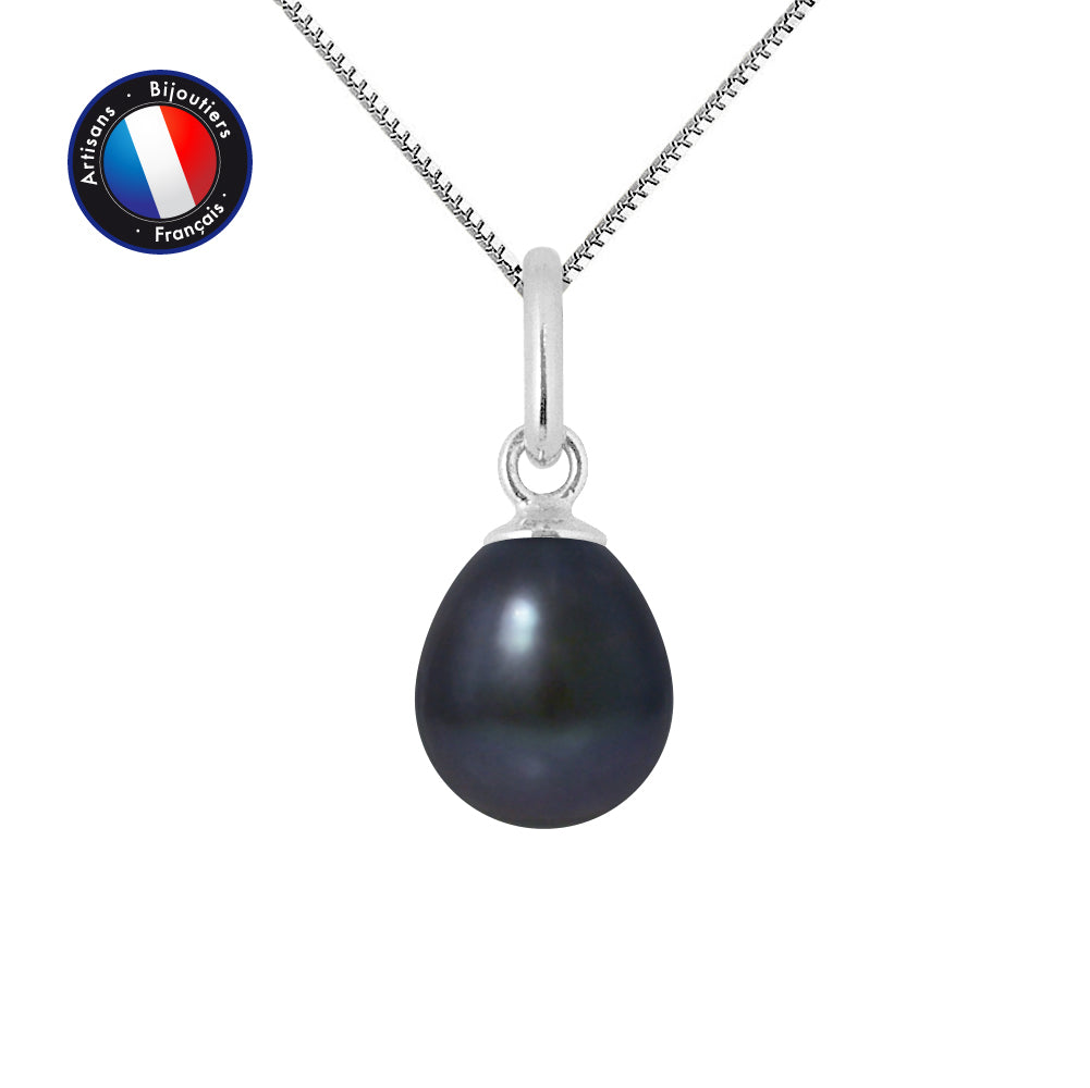 PERLINEA - Pendentif- Perle de Culture d'Eau Douce - Bouton Diamètre 7-8 mm Black Tahiti - Or Blanc