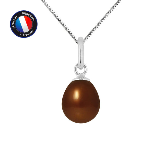 PERLINEA - Pendentif - Perle de Culture d'Eau Douce - Bouton Diamètre 7-8 mm Chocolat - Or Blanc