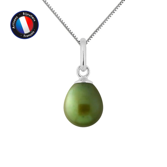 PERLINEA - Pendentif - Perle de Culture d'Eau Douce - Bouton Diamètre 7-8 mm Vert Intense - Or Blanc