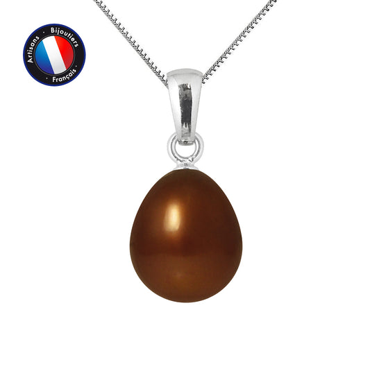 PERLINEA - Pendentif - Perle de Culture d'Eau Douce - Bouton Diamètre 9-10 mm Chocolat - Or Blanc