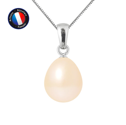 PERLINEA - Pendentif - Perle de Culture d'Eau Douce - Bouton Diamètre 9-10 mm Rose - Or Blanc