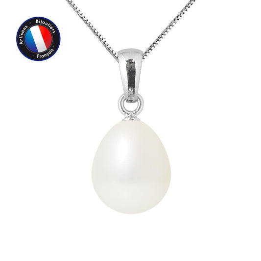 PERLINEA - Pendentif - Perle de Culture d'Eau Douce - Bouton Diamètre 9-10 mm Blanc - Or Blanc