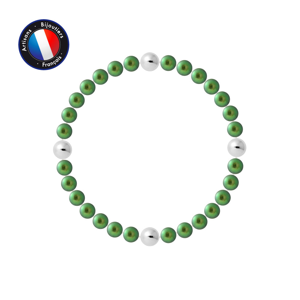 PERLINEA - Bracelet Porte Bonheur - Perle d'Eau Douce - Ronde 5-6 mm Vert Intense