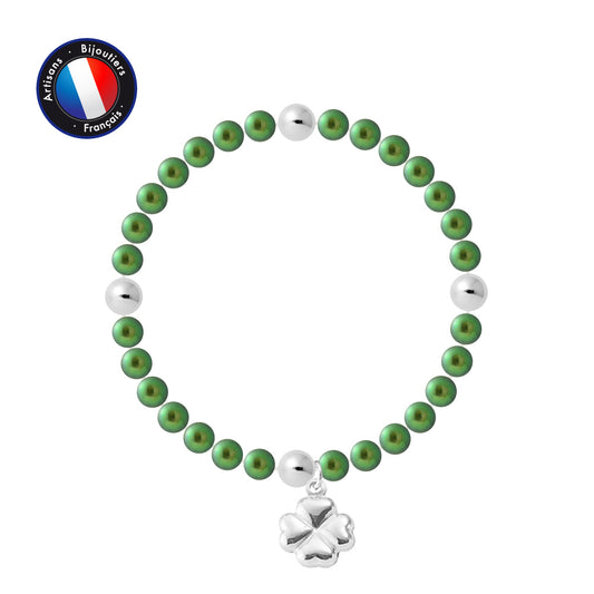 PERLINEA - Bracelet Porte Bonheur - Perle d'Eau Douce - Ronde 5-6 mm Vert Intense