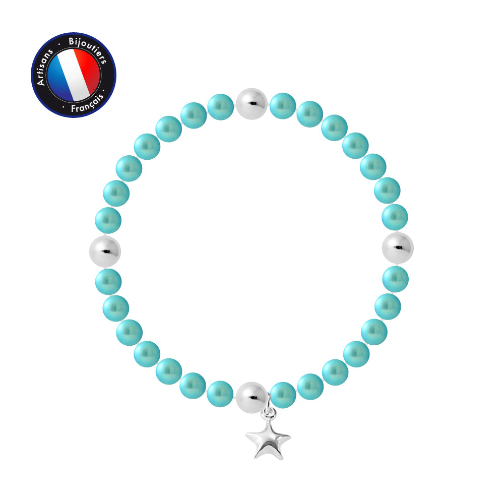 PERLINEA - Bracelet Porte Bonheur - Perle d'Eau Douce - Ronde 5-6 mm Bleu Turquoise