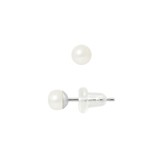 PERLINEA - Boucles d'Oreilles - Perles de Culture d'Eau Douce - Bouton Diamètre 4-5 mm Blanc - Or Blanc